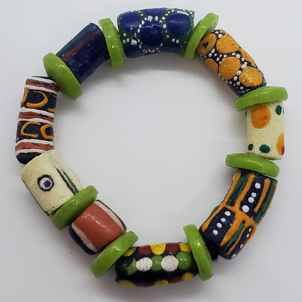Vintage Glass & Clay Beads Pretty Ethnic Inspired Bracelet Elastic Multi-colored